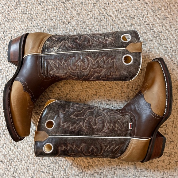 RockinLeather Men's Distressed Brown Narrow Square Toe Western Boot With Overlay - Picture 4 of 7